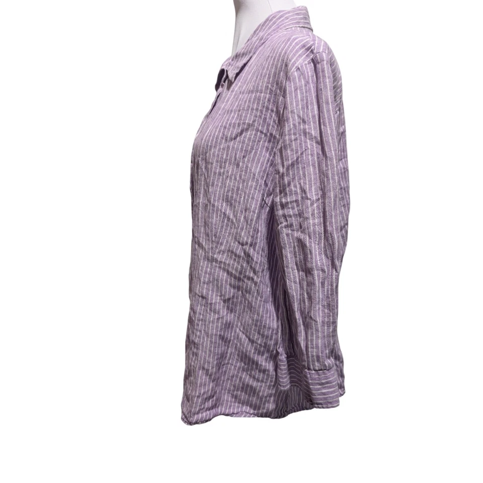 Blusa Coldwater Creek Para Mujer Talla XL Forma Púrpura Camisa a Rayas Lino Botones Foto 2 de 4