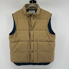 VTG LL Bean Puffer Vest Mens L Beige Blue Gorpcore Snap Front Outdoor 80s USA