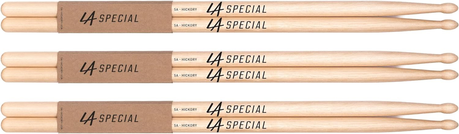 LA Specials Hickory 5A Drum Sticks, Wood Tip, 3-Pair Pack