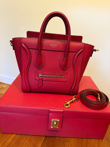 CELINE Luggage Nano Red Pebbled Leather Satchel Detachable Strap Gold HW