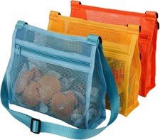 Mesh Bag for Collecting Beach Shells and Toys, 3-Pack in Blue, Yellow, Orange