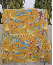 Yellow Musted vintage Bird Handmade printed cotton kantha quilt, bedspread throw