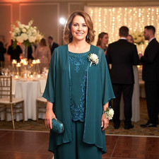 Green Chiffon 3 Pc Pants Suit 16 Beaded Lace Zipper Wedding Formal Event NWOT