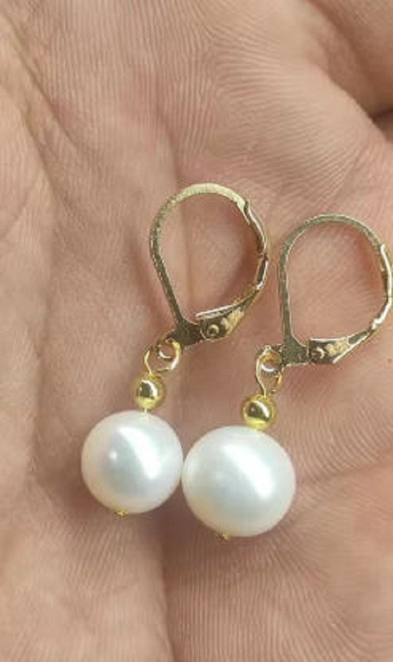 Gorgeous AAAA++++ REAL NATURE 8-9mm South Sea White Round Pearl Earrings 14k Gol
