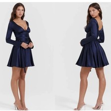House of CB Dominique Navy Blue Satin Plunge Mini Dress XS Bell Sleeve NWOT