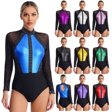 Womens Gymnastics Dance Dress Long Sleeve Leotard Rhinestone Ballet Dancewear