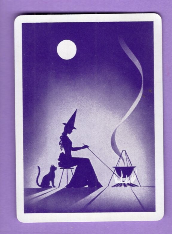 1 Single Swap Playing Card SILHOUETTE WITCH BREW CAT SILHOUETTE FORTUNE TELLING