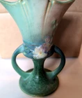 Vtg Green Cosmos 5" Roseville 2 Handle Vase 2 Handles Rectangular Shaped Rim