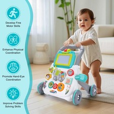 Baby Cartoon Push Walker Toy with Music Drawing Board Learning Walker 6-15m 