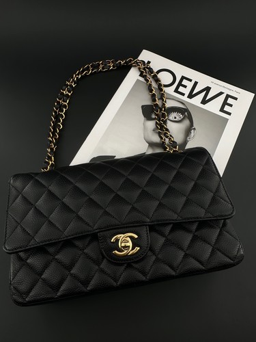 AUTH Chanel Classic Flap Medium Black Caviar Leather Gold Hardware Shoulder Bag