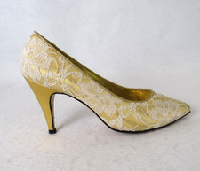 VTG I Magnin Lace Gold Leather Pumps Bridal Wedding Evening Formal