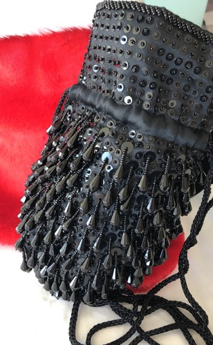 Vtg Designer Purse Evening Black Drop Bead Drawstring Pouch Crossbody Clutch - Picture 4 of 9