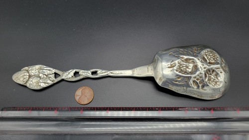 Antique Sterling Silver Strawberry / Berry Serving Spoon, 109 grams, 9" - Picture 9 of 10