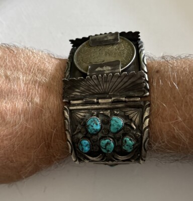 Navajo Old Pawn Sterling Silver Turquoise Watch Bracelet $1 Coin Fred Harvey Era