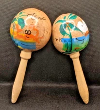 Vintage Gourd/Wood Maracas Shakers Mexico Hand Painted Wooden Instruments