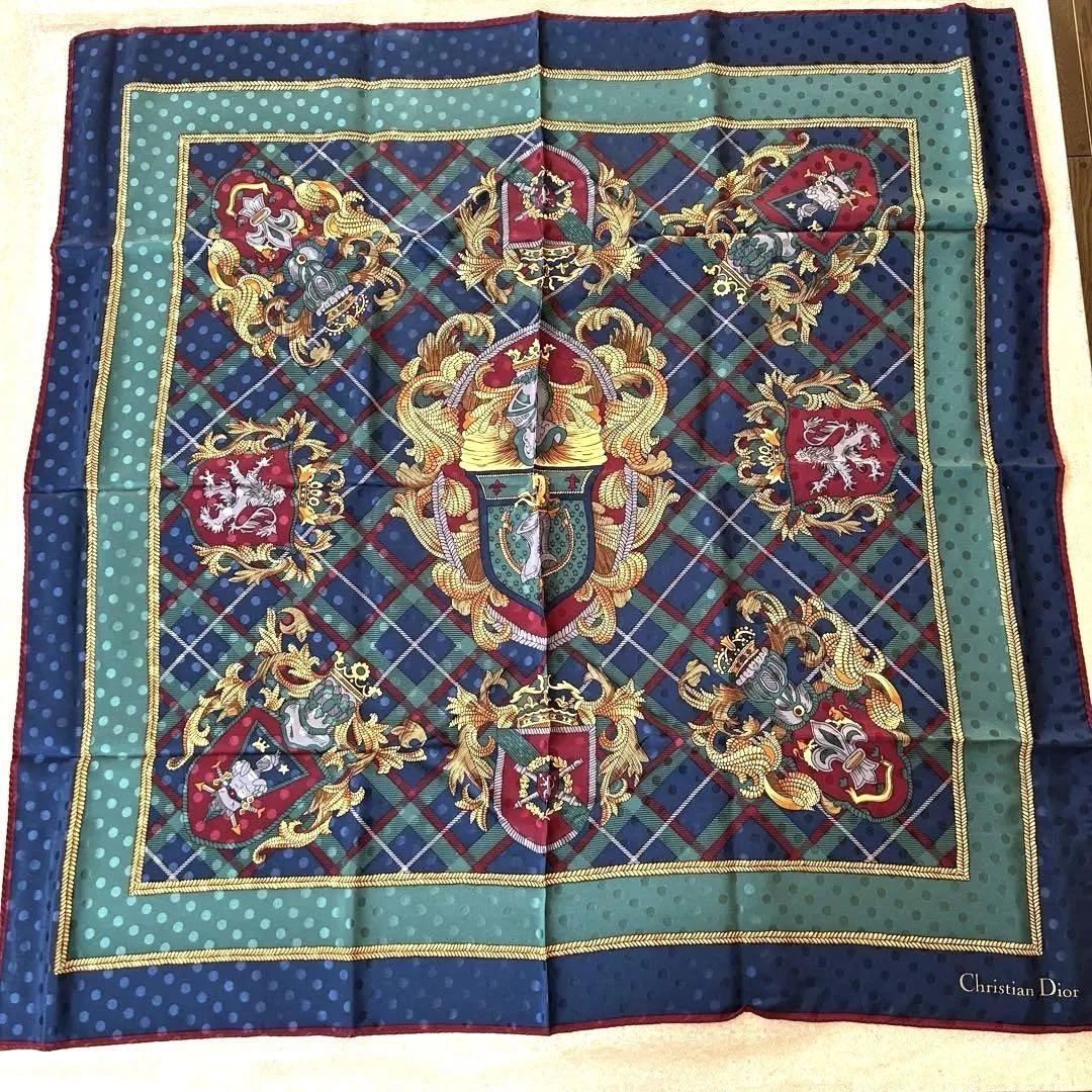 Foulard Christian Dior en soie 35,4 x 35,4 pouces à carreaux à pois motif vintage doré