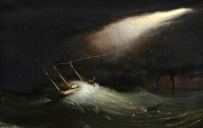 Oil painting Robert Strickland  HMS Melpomene in Distress 17 November 1805