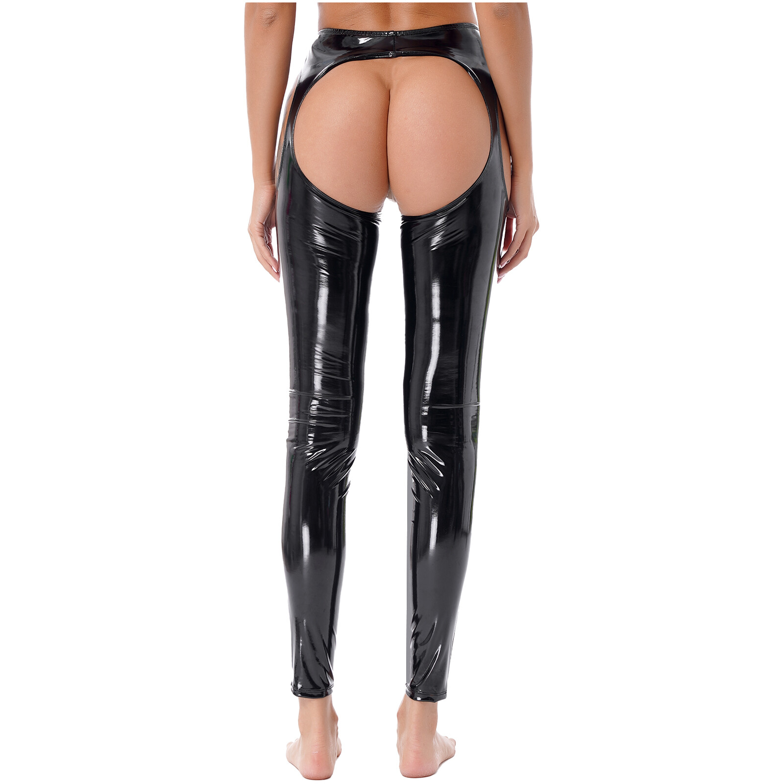 US Women Leather Leggings Hollow Out Long Pants Shiny High Waist Tight Trousers
