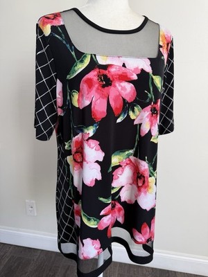 Susan Graver Women's Black SS Mesh Floral Blouse Top Sz M