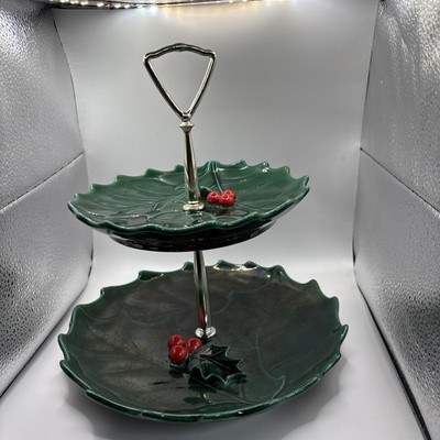 Vintage Lefton 1364 Ceramic Christmas Holly 2 tier plate server Exceptional !