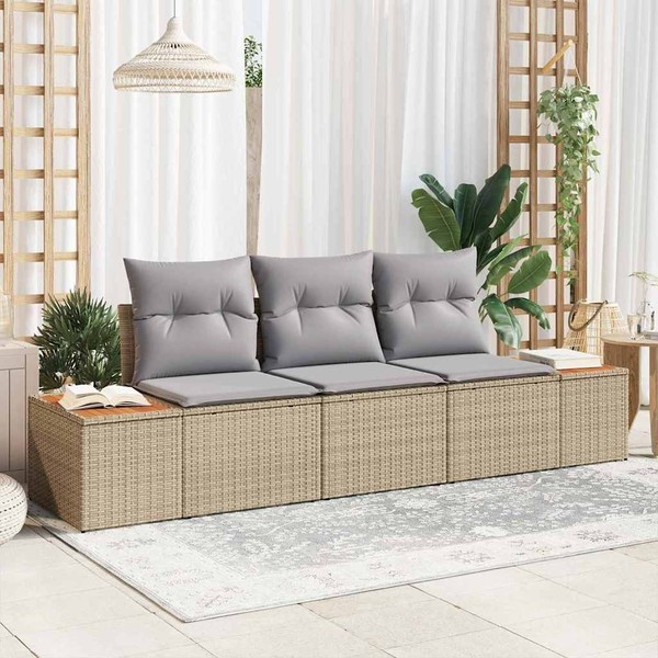 3-Teilige Garten-Sofa-Set Mit Kissen Beige Poly Rattan Akazie-image