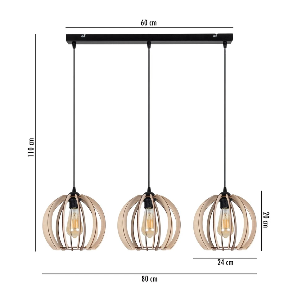 Hängelampe Schwarz E27 Holz Metall 3-flammig Esszimmer Pendelleuchte 80 cm lang - Bild 2 von 4