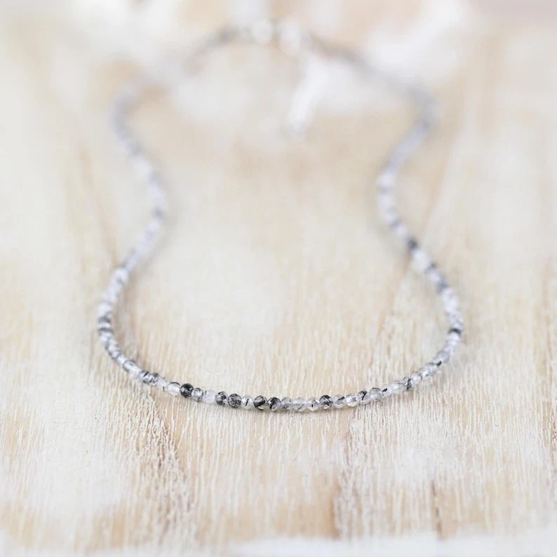 Collares redondos facetados pequeños negros retirados de 2-3 mm con cuentas de piedras preciosas hombres mujeres 18" Foto 4 de 4