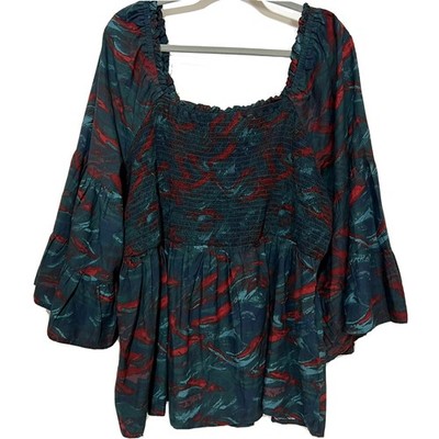 Terra & Sky Women s Top Size 2X Blouse Bell Sleeve Smocked Abstract Art NWT