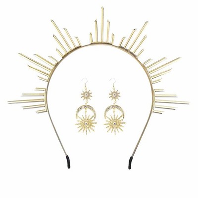 3Pcs Adult Costume Halo Crown Gold Sun Headpiece Goddess Tiara Bridal Headband R