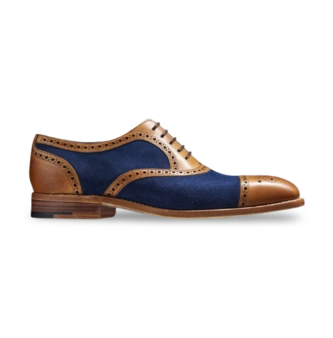 Handmade Brown & Navy Blue Cap Toe Oxford Lace Up Leather & Suede Shoes For Men