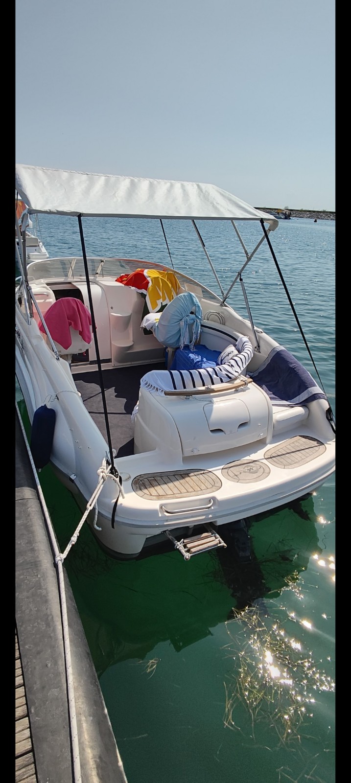 Motoscafo cabinato bianco con prendisole, tendalino bimini e sedute interne foto 4