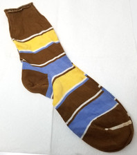 1970s Striped Geek Chic Crew Socks Brown Yellow Light Blue Retro Irregular Vtg