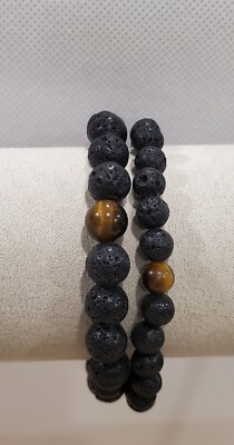 Black Lava Bead Bracelets w/ Tiger's Eye Bead. Set Of 2