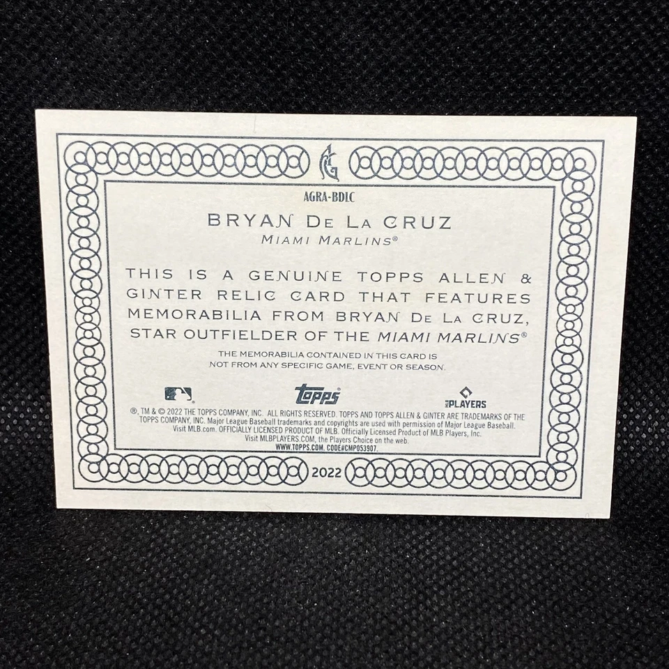Relic! 🚨2022 Topps Allen & Ginter Bryan De La Cruz RC Rookie Jersey AGRA-BDLC - Image 2 of 2