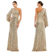 Mac Duggal 26717 Sequined One Shoulder Bishop Sleeve Trumpet Gown Gold SZ 8 NWT
