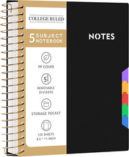 5 Subject Notebook College Ruled with Removable Tabs, 8.5'' X 11'' Lined Spiral