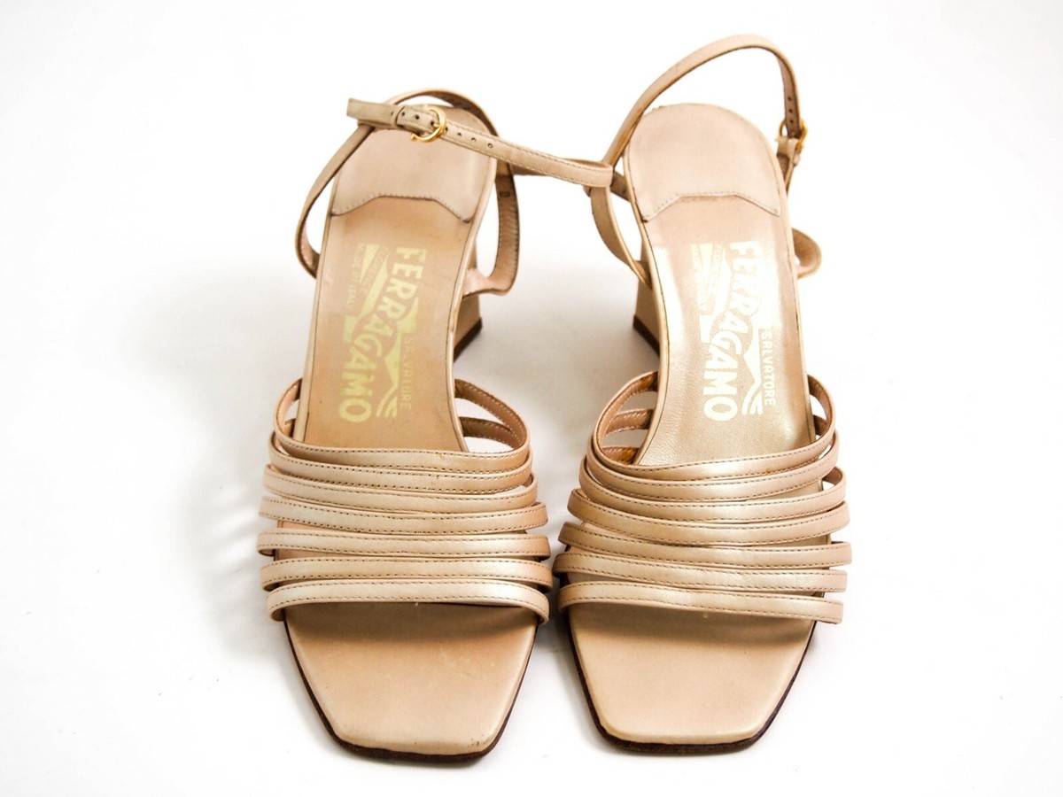 Ferragamo Strappy Sandal Wedge Heel Beige Leather Women Sz