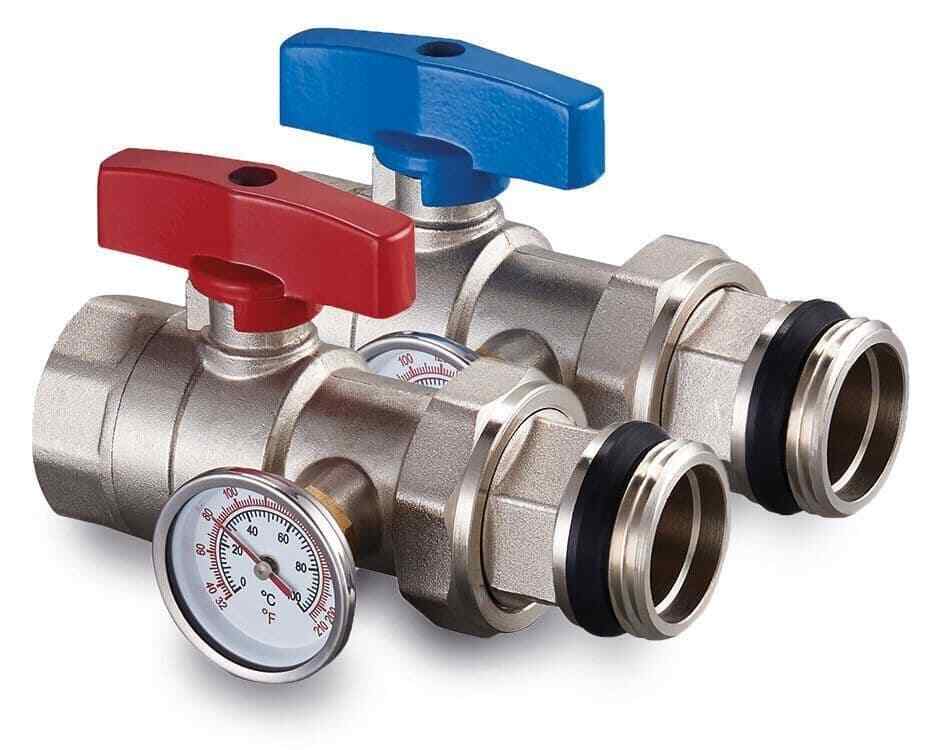 Fastwarm 1"" x 1"" Isolation/Ball Valve Pair w/Temperature Gauge (Red/Blue Valves)