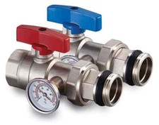 Fastwarm 1" x 1" Isolation/Ball Valve Pair w/Temperature Gauge (Red/Blue Valves)