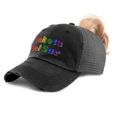 Womens Ponytail Cap Dakota Del Sur Style B Love Rainbow Distressed Trucker Hats