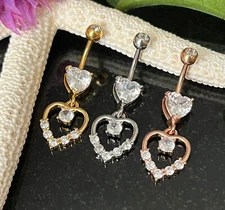 1pc Hollow CZ Gem Paved Heart Belly Button Ring Pierced Navel Gold Plated Naval