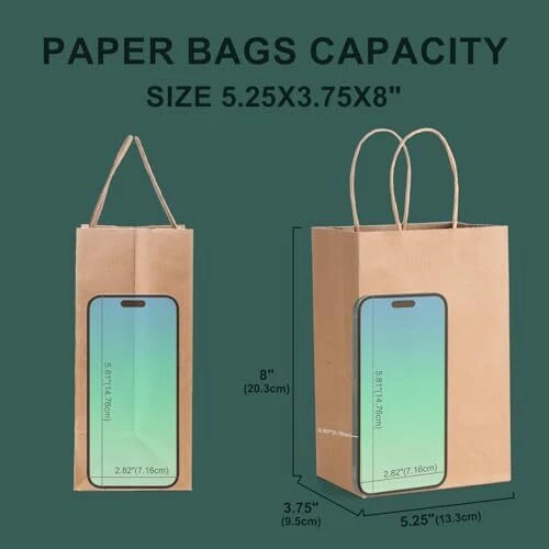 Bolsas de papel para regalo 5,25x3,75x8" 50 piezas, 5,25x3,75x8 pulgadas (paquete de 50) marrón Foto 2 de 4