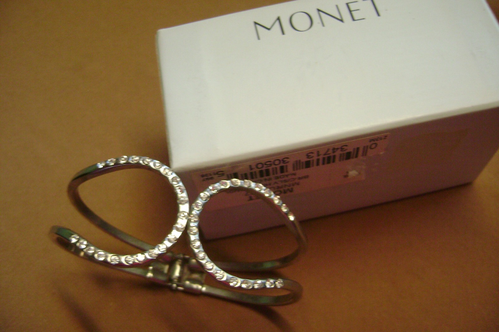 SIGNED MONET RHINESTONE HINGED BANGLE SILVER TONE… - image 1