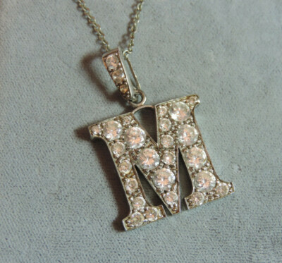 Cubic Zirconia Rhinestone Silver tone Initial M Pendant 17
