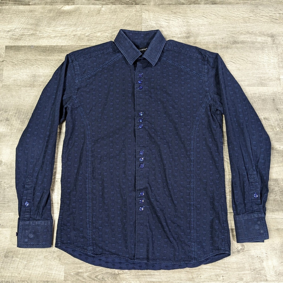 BOGOSSE Shirt Men’s 3 Navy Blue Skull Embroidered Designer City