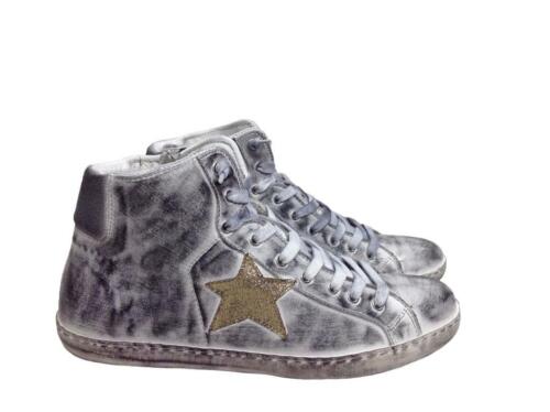 Mens White Leather Gray Star Gold Glitter Shaded Effect High Sneakers Shoes - Picture 1 of 4
