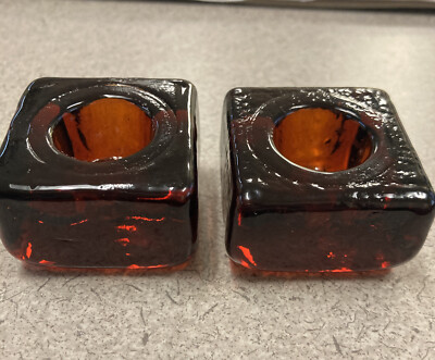 Pair Amber Square Glass Taper Candle Holder 1 1/2 Inches