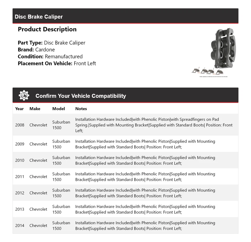 For 2008-2014 Chevrolet Suburban 1500 Disc Brake Caliper Front Left Cardone 2009 - Image 2 of 4