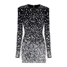 Occident Western Womens Long Sleeve Sequins Beaded Zip Velvet Short Pencil Dress