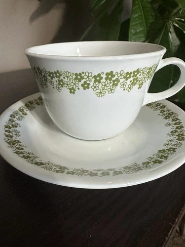 Corelle Spring Blossom Green Cup and Saucer Crazy Daisy Vintage